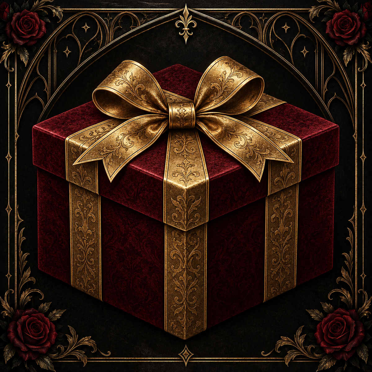 Mystery gift: burgundy gift box with gold ribbon