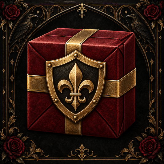 Shipping protection: burgundy parcel with gold shield