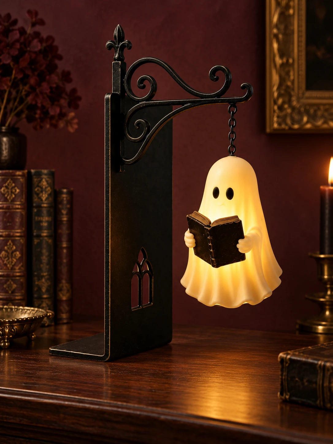 Big Ghost reading lantern on a wooden shelf