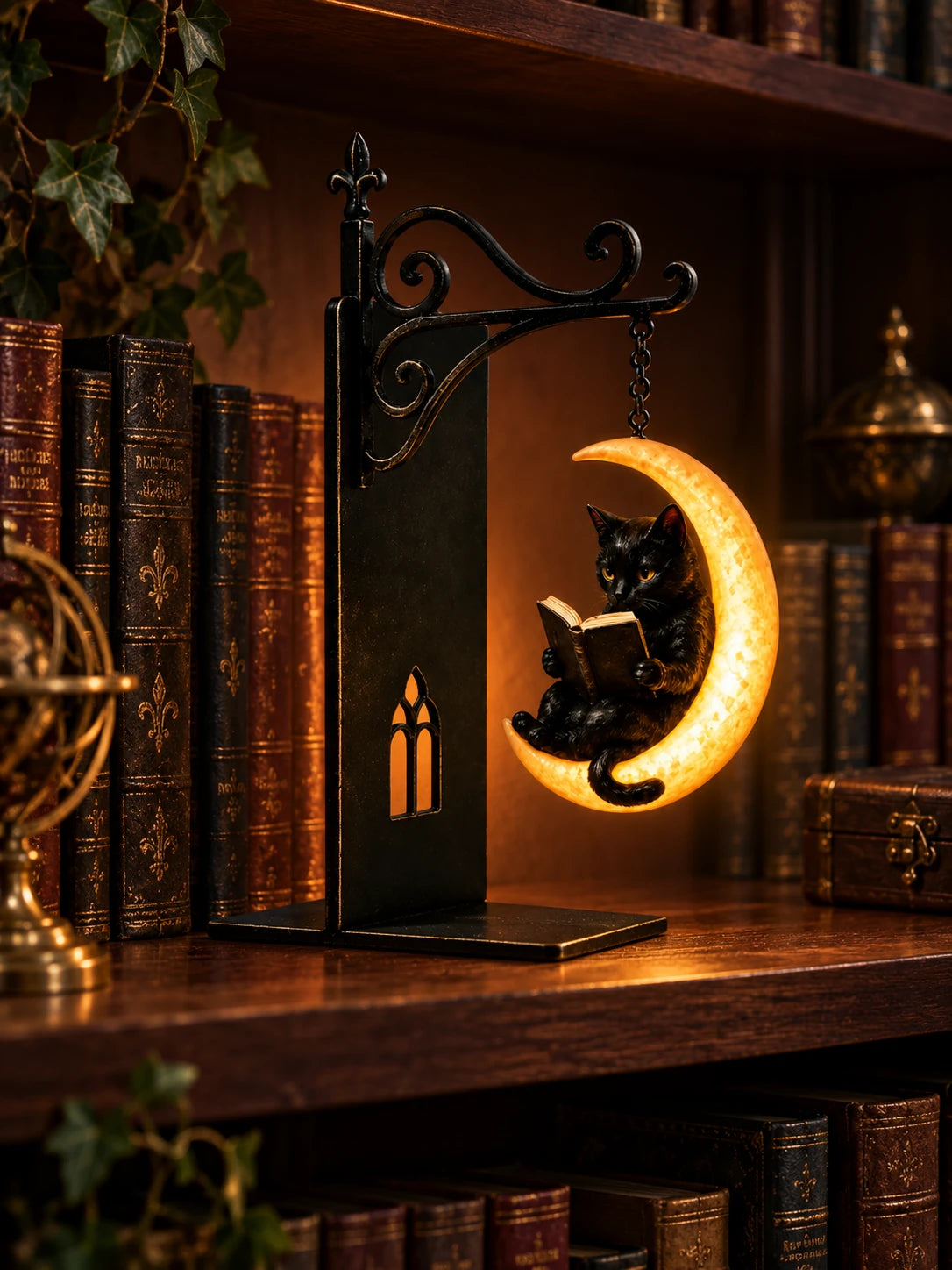Cat Moon lantern resting on a wooden shelf