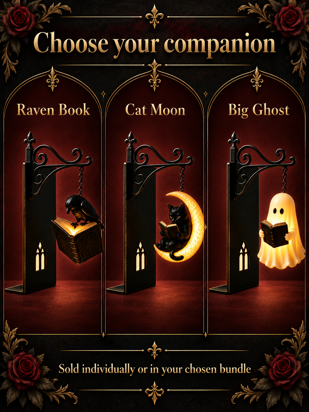 RavenGlow design comparison: Raven Book, Cat Moon and Big Ghost lanterns; sold individually or in your chosen bundle.