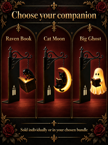 RavenGlow design comparison: Raven Book, Cat Moon and Big Ghost lanterns; sold individually or in your chosen bundle.