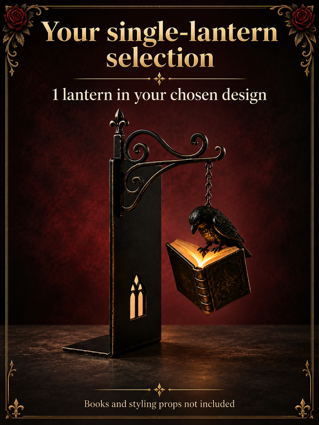 Single-lantern selection: one RavenGlow lantern in your chosen design; books and styling props not included.