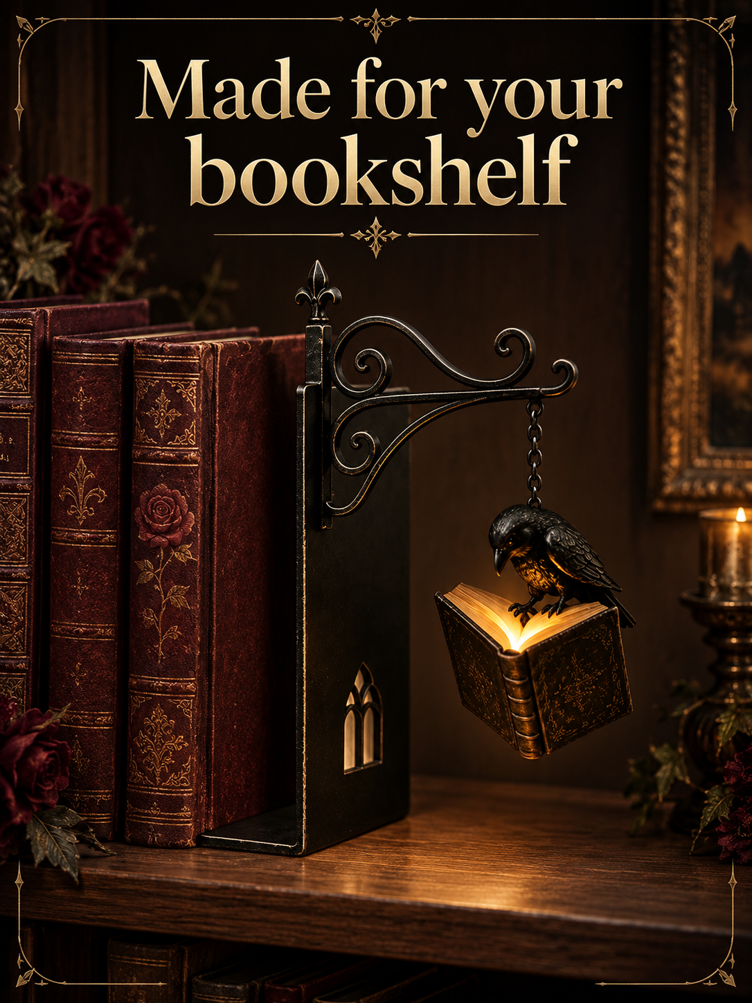 RavenGlow Raven Book lantern positioned beside books on a shelf — made for your bookshelf.