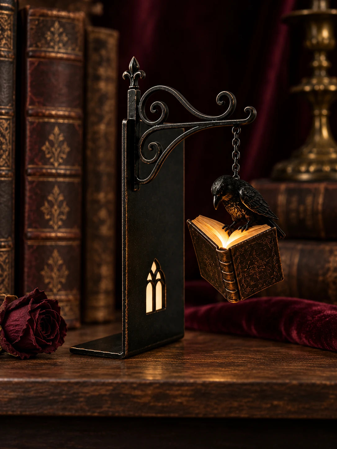 Raven Book lantern on a wooden bookshelf