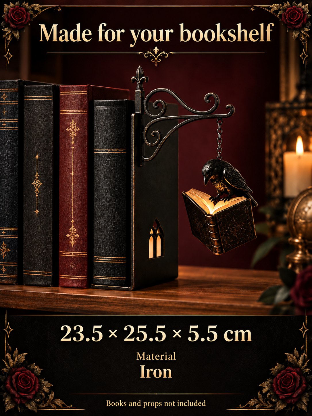 RavenGlow size guide: 23.5 × 25.5 × 5.5 cm. Material: Iron. Books and props not included.