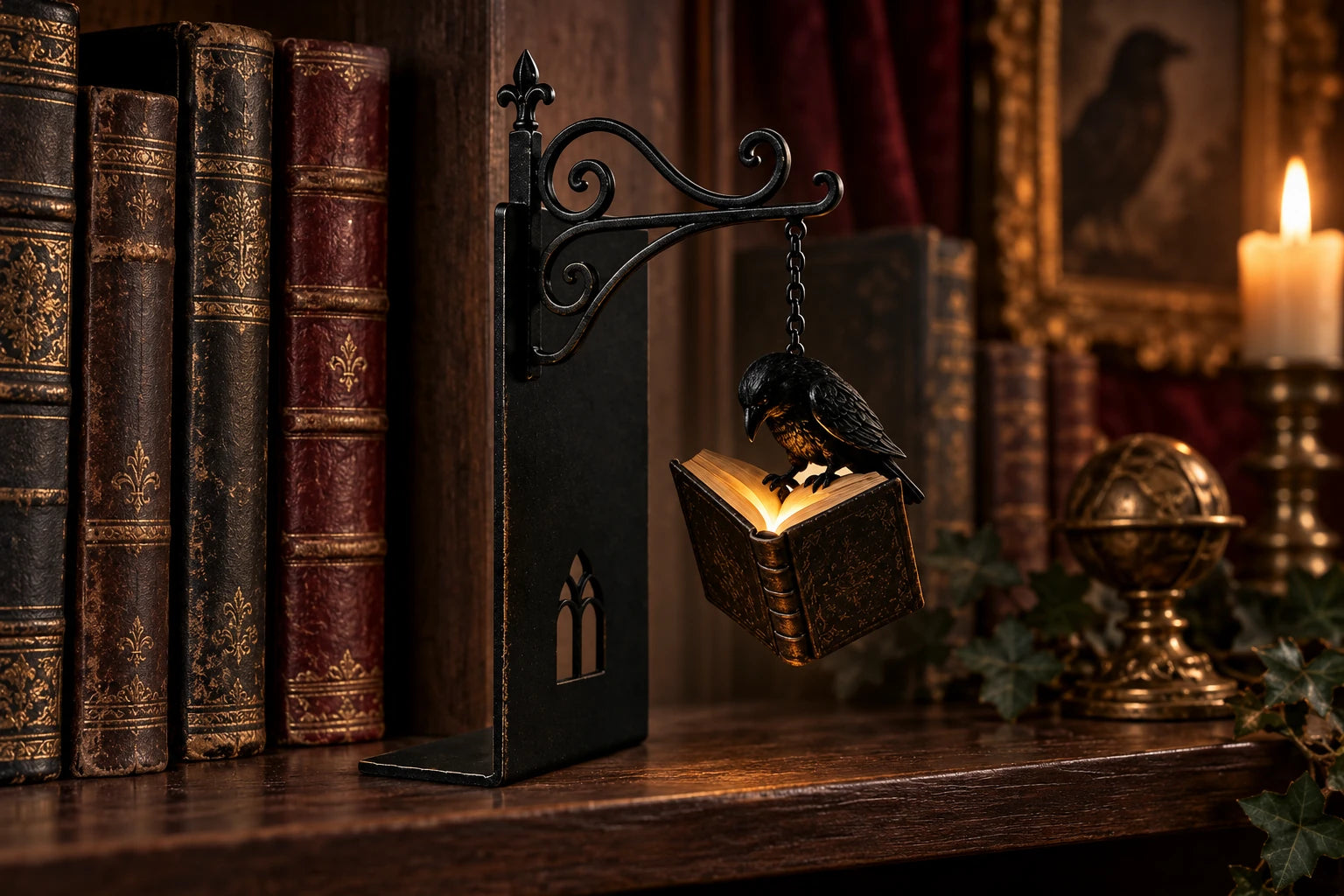 Raven Book lantern resting beside antique books on a dark wooden shelf