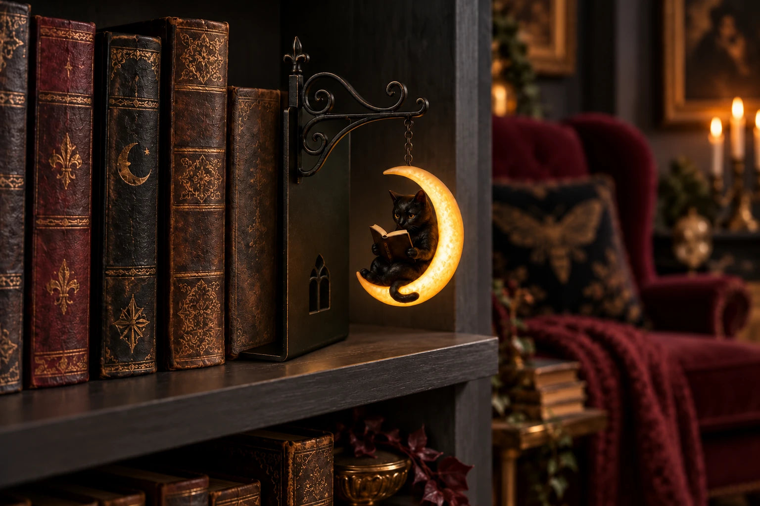 Cat Moon lantern on a bookshelf beside a burgundy reading chair